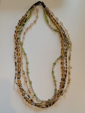 Boho Chic Multi-Strand Green and Amber Glass Beaded Necklace